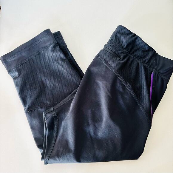 H&M SPORT Black Purple Stripe Mesh Inset Tie Cropped High Rise Gym Leggings M - Picture 13 of 15